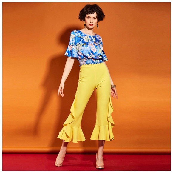 Bold Yellow Flared Ruffle Crop Stretch Pants - Picture 3 of 10